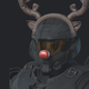 A spartan soldier wearing antlers and a red nose.